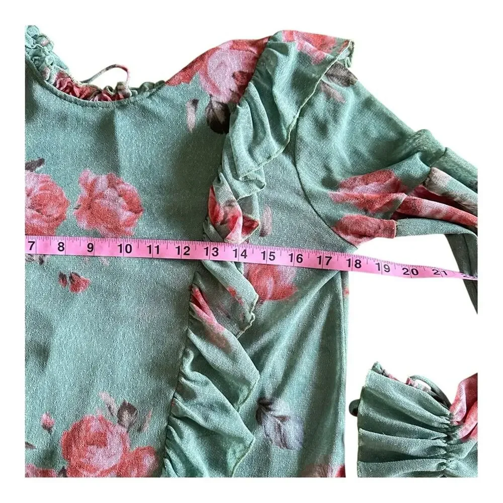 Know.One.Cares Green Top Floral Ruffle Long Sleeve Semi Sheer Shirt Couquette  S - Picture 9 of 13